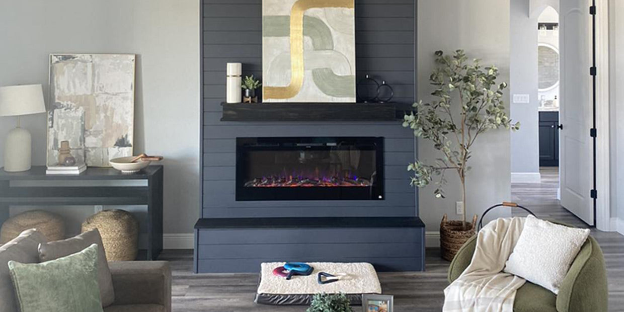 Room view of the Touchstone Sideline 50 Electric Fireplace in a shiplap accent wall built by Grace Customs and featured on HGTV 100 Day Dream Home