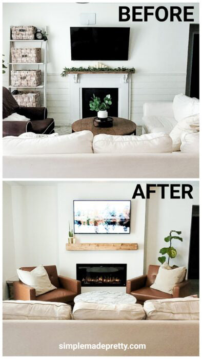Before and after fireplace accent wall transformation featuring a Touchstone electric fireplace by @simplemadepretty