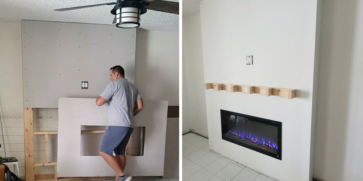 Drywall installation of fireplace accent wall with Touchstone electric fireplace