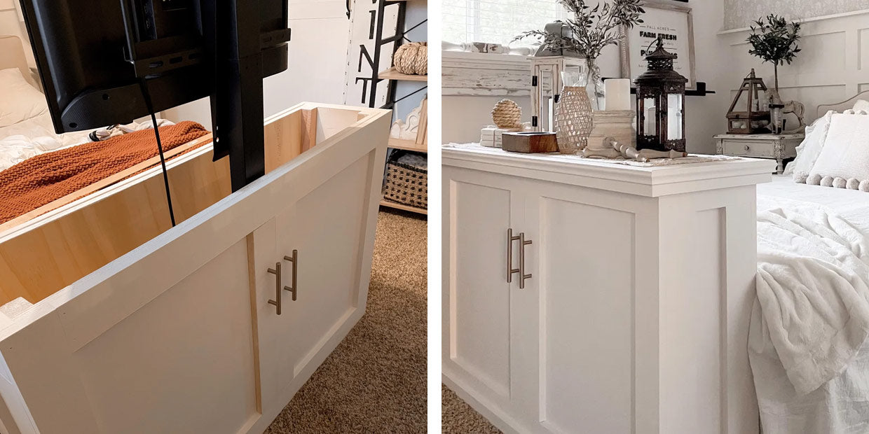 Touchstone SRV Pro TV Lift Cabinet in a DIY end of bed cabinet by @simplyminedesigns