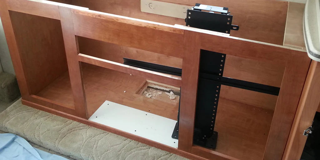 Touchstone TV lift in a custom built cherry wood cabinet by customer John