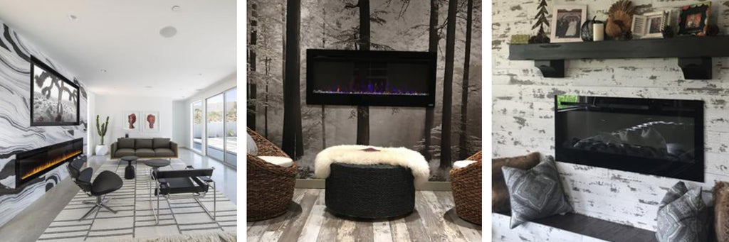 Touchstone Electric Fireplaces highlighted by bold wallpaper coverings