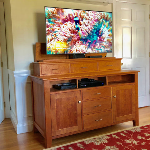 Finished Woodsmith TV lift cabinet project by Touchtone customer