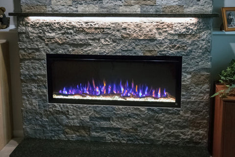 Sideline Elite 50 Electric Fireplace recessed into a stone mantel by Touchstone Home Products customer James