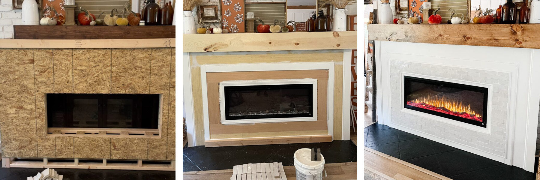 Progression of fireplace renovation by @redbrickfauxfarmhouse featuring Touchstone Sideline Elite Electric Fireplace