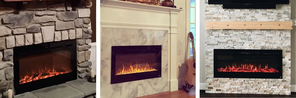 Touchstone Electric Fireplaces surrounded by stone and brick