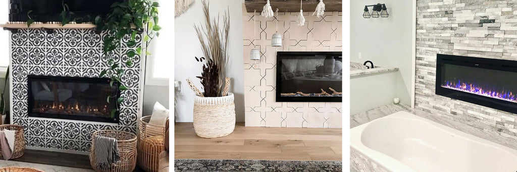 Touchstone Electric Fireplaces in a variety of tile walls
