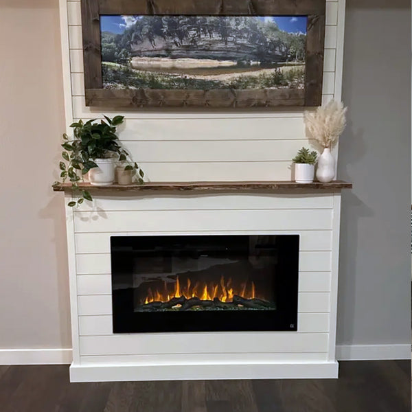 Touchstone Sideline 40 Electric Fireplace installed in a finished basement customer Andrea