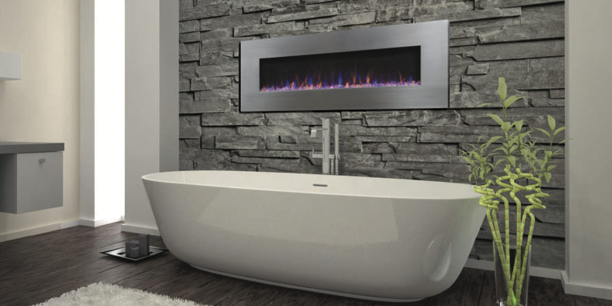 Touchstone AudioFlare Electric Fireplace with a Bluetooth® built in speaker installed in a bathroom