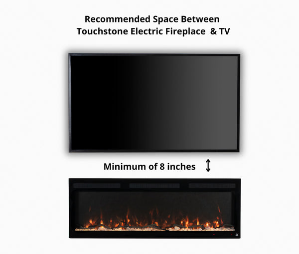 Recommended distance between Touchstone electric fireplace with heater and TV is 8 inches