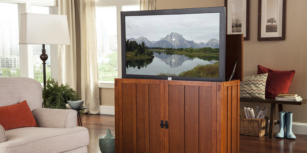 Touchstone Elevate Mission TV Lift Cabinet with Whisper Lift II TV lift inside
