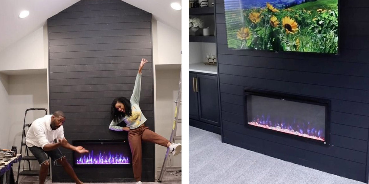 Touchstone DIY fireplace accent wall featuring Sideline Elite 42 Smart Electric Fireplace, project credit @alexanderreneedesign
