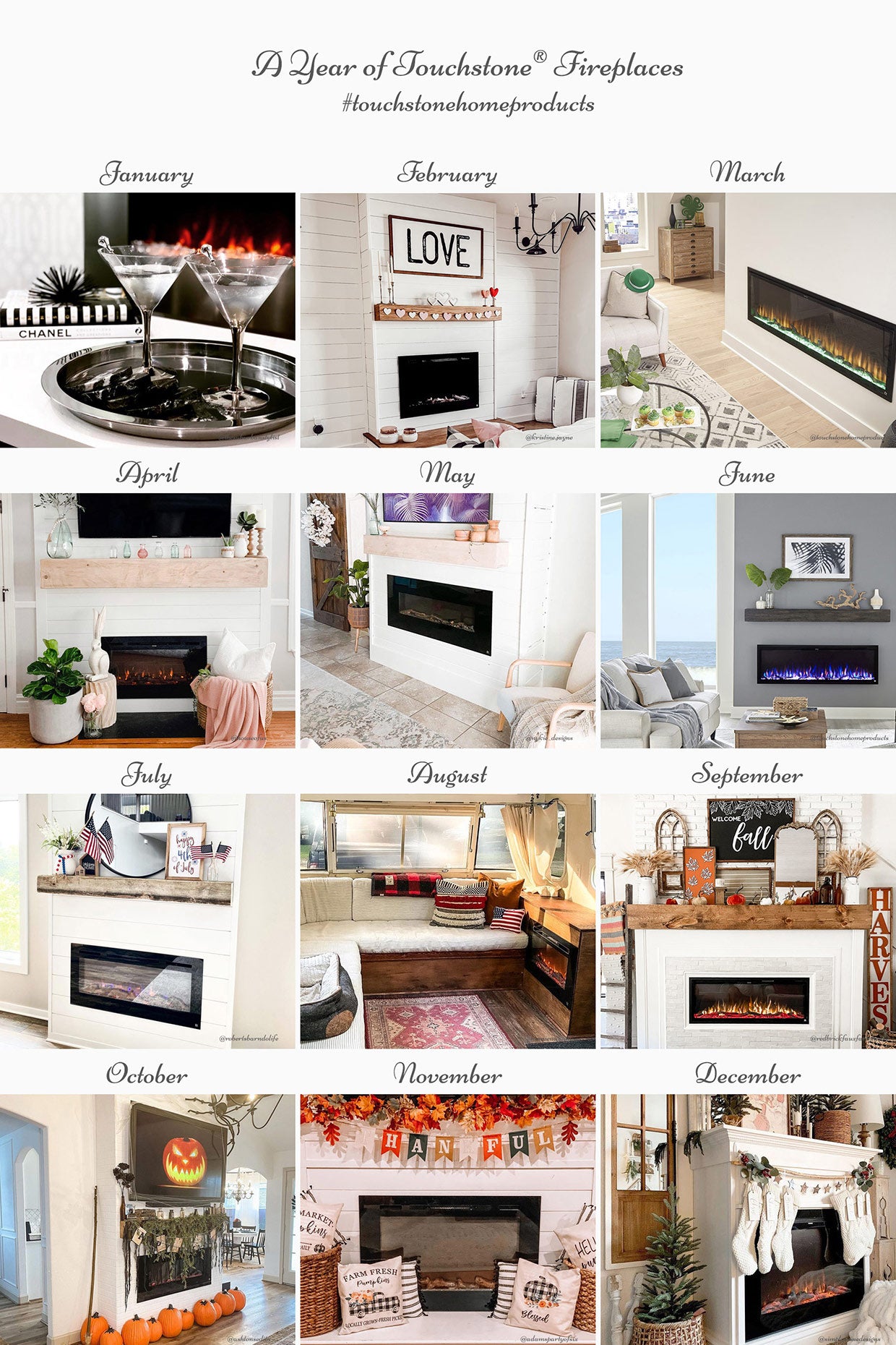 Touchstone electric fireplaces decorated for every month of the year