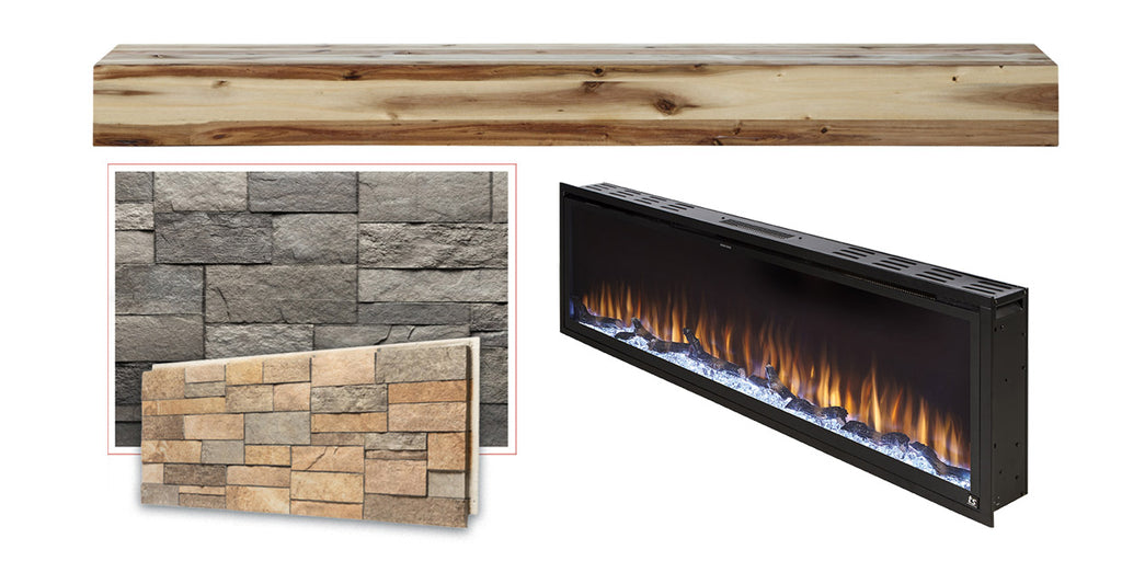 Pearl Mantels Acacia wood shelf, Touchstone Sideline Elite Electric Fireplace and Qora Cladding