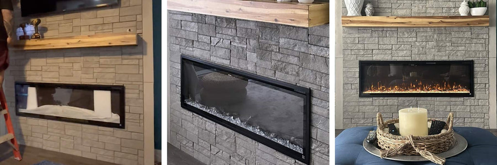 Touchstone Sideline Elite Smart Electric Fireplace in a DIY fireplace wall with Qora Cladding and Pearl Mantels Acacia Wood Shelf