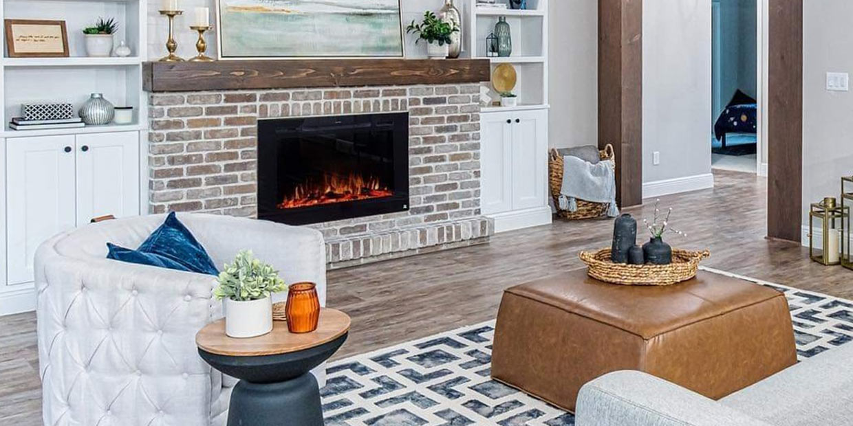 Touchstone Forte Electric Fireplace with shiplap and brick in modern farmhouse style on HGTV 100 Day Dream Home