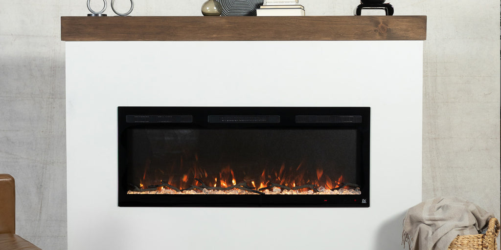 Touchstone Fury Smart Electric Fireplace with natural wood mantel shelf
