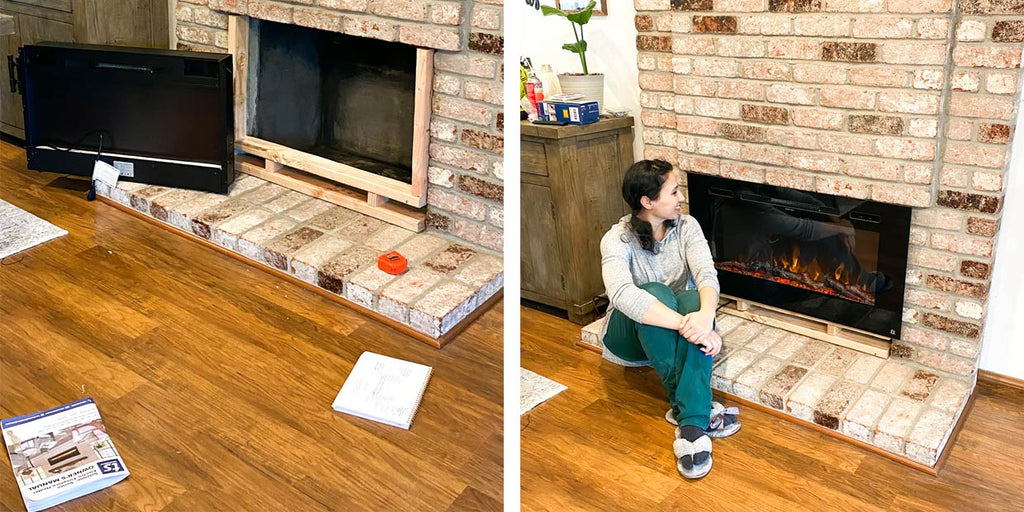 Touchstone Sideline 40 Electric Fireplace inserted into existing wood fireplace, photo credit @pretty.and.functional