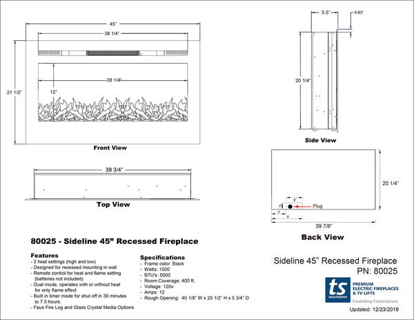 Touchstone Sideline 45 Electric Fireplace line drawing and specifications