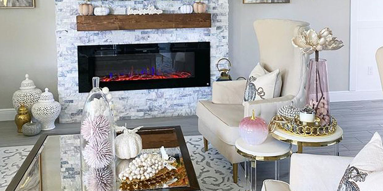 Touchstone Sideline 60 Electric Fireplace in gilded gold glam room by @sandraleestylez