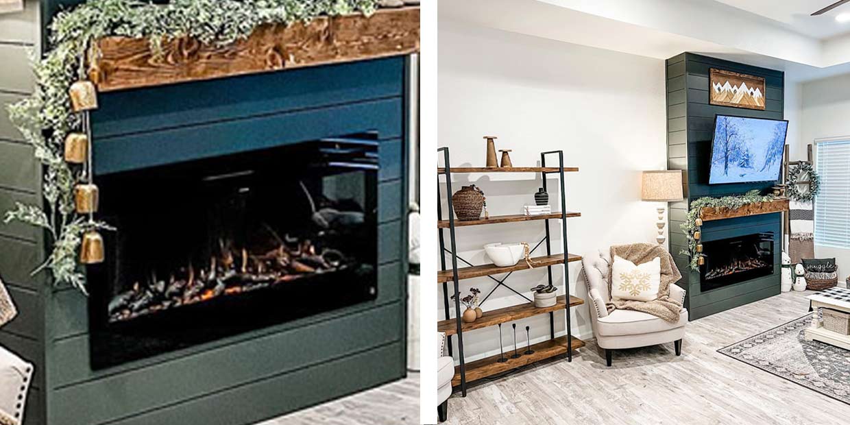 Touchstone Sideline Electric Fireplace in dark green shiplap accent wall with rustic mantel by @mollynicolexo