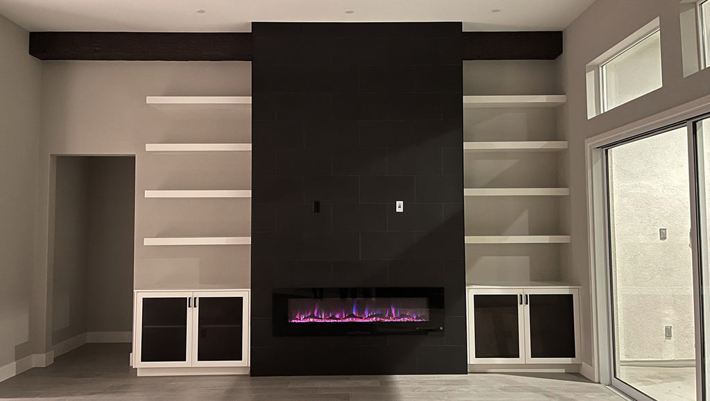 Touchstone Sideline 60 Electric Fireplace in porcelain tile wall by Hermogeno Designs California