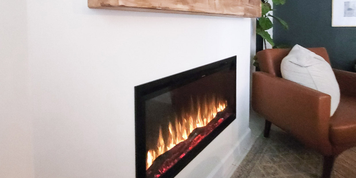 Close up side view of the Touchstone Sideline Elite Electric Fireplace install by Simple Made Pretty