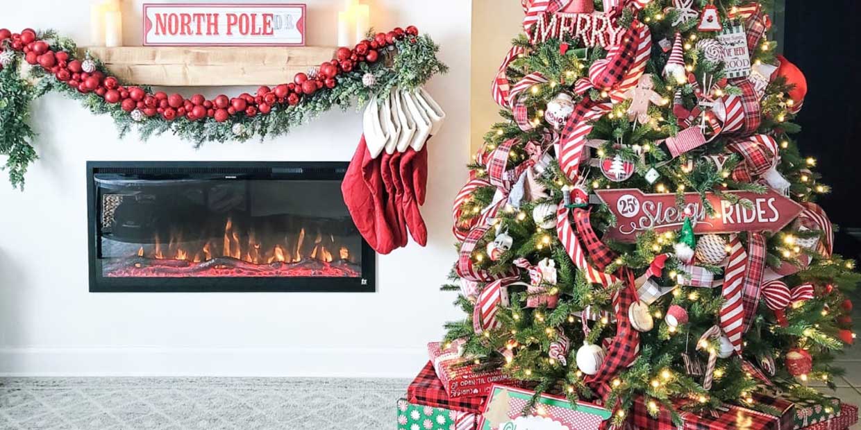 Simple Made Pretty Christmas fireplace in family room, featuring Touchstone Sideline Elite Electric Fireplace