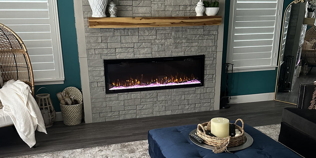 Touchstone Sideline Elite Smart Electric Fireplace in faux stone wall photo credit @cr8tivewanderlust