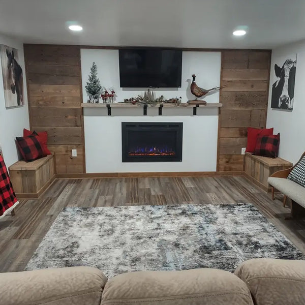 Touchstone Sideline Steel Forte Electric Fireplace in finished basement by customer Lena