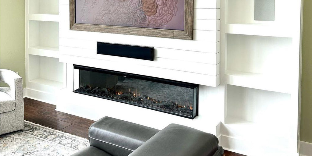 Touchstone Sideline Infinity 72 Electric Fireplace in built in wall with shelves by Nick's Custom Woodwork