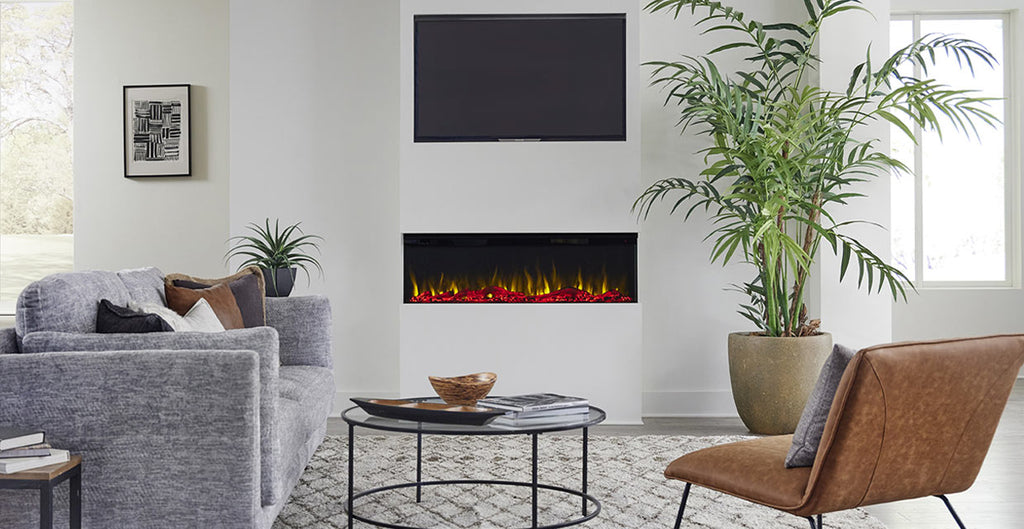 Touchstone Sideline Infinity Smart Electric Fireplace in white fireplace accent wall with TV mounted above