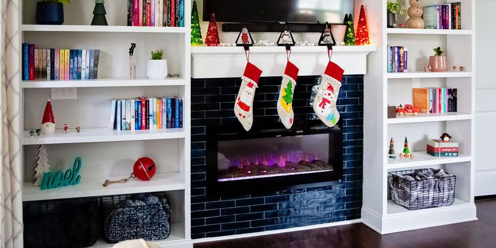 Touchstone Sideline 45 Smart Electric Fireplace installed in an accent wall with black tiles, photo credit Daily Mom