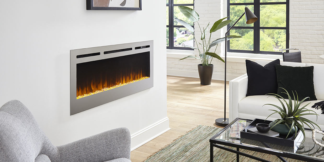 Touchstone Sideline Stainless Electric Fireplace adds carefree style and ambiance. 