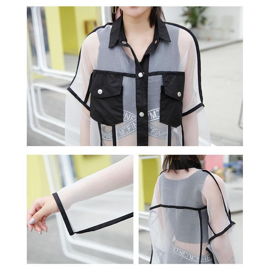 Oversized Transparent Mesh Patchwork Blouse Korean  