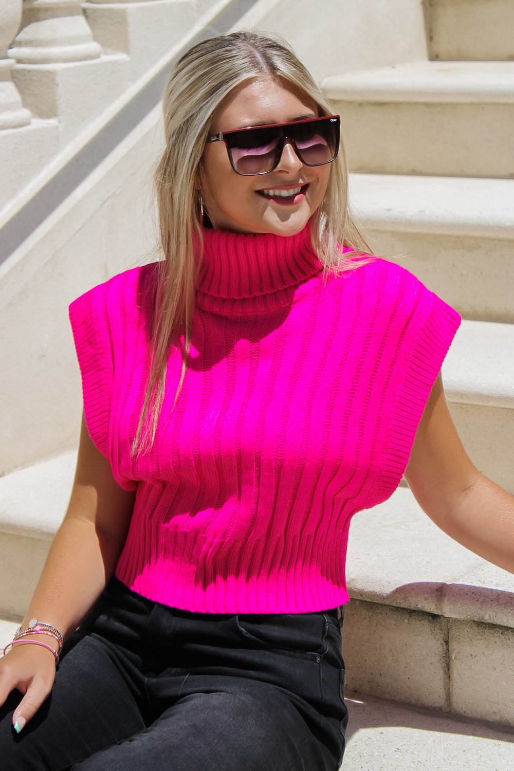 All My Love Cropped Turtle Neck Sweater - Hot Pink