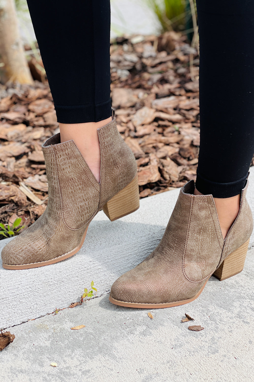 snakeskin booties tan