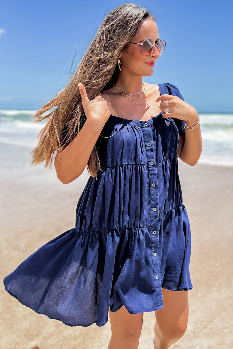 Perfect Summers Puff Sleeve Button Front Ruffle Tiered Dress - Navy | Makk Fashions