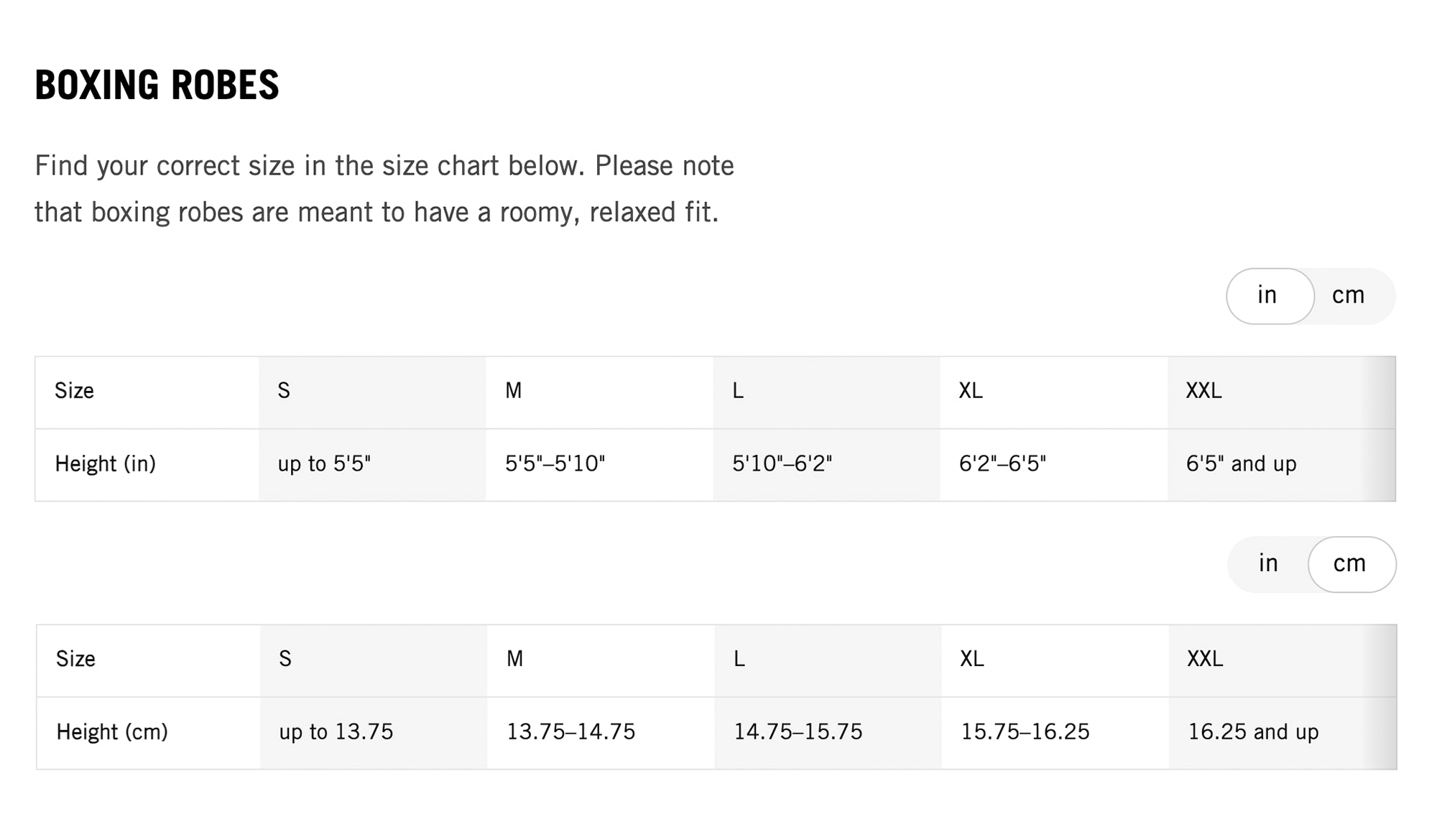 Boxing Robes Size Chart