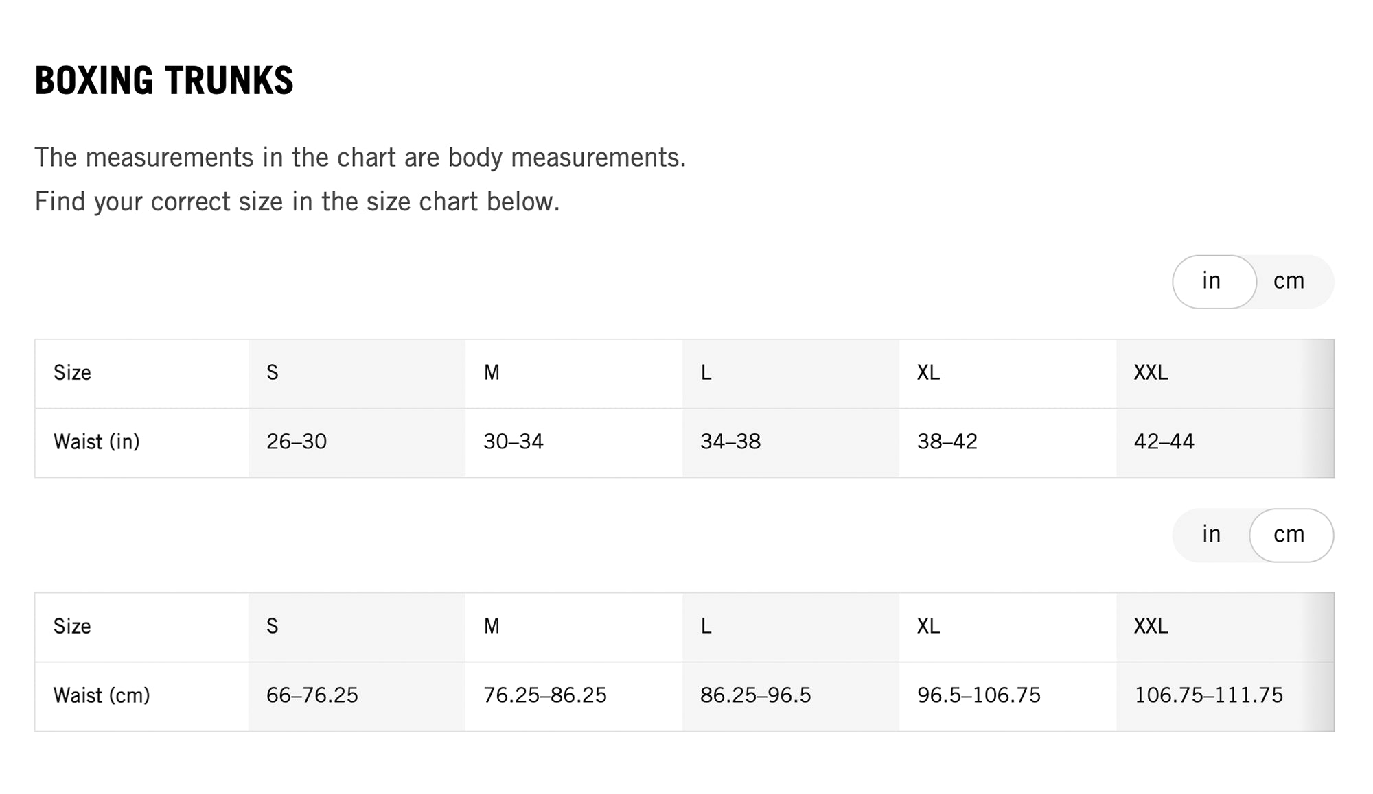 Boxing Trunks Size Chart