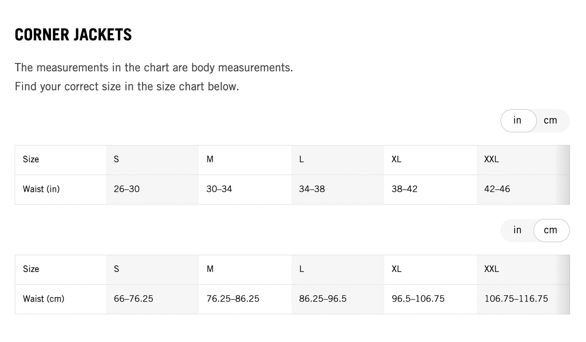 Corner Jackets  Size Chart