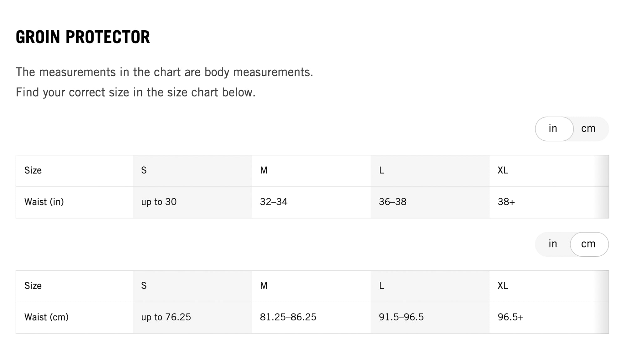 Groin Protectors Size Chart