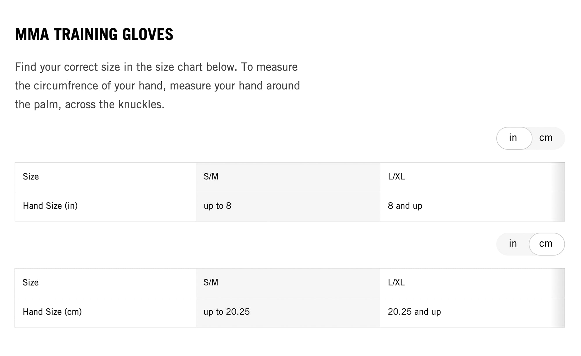 MMA Training Gloves Size Chart