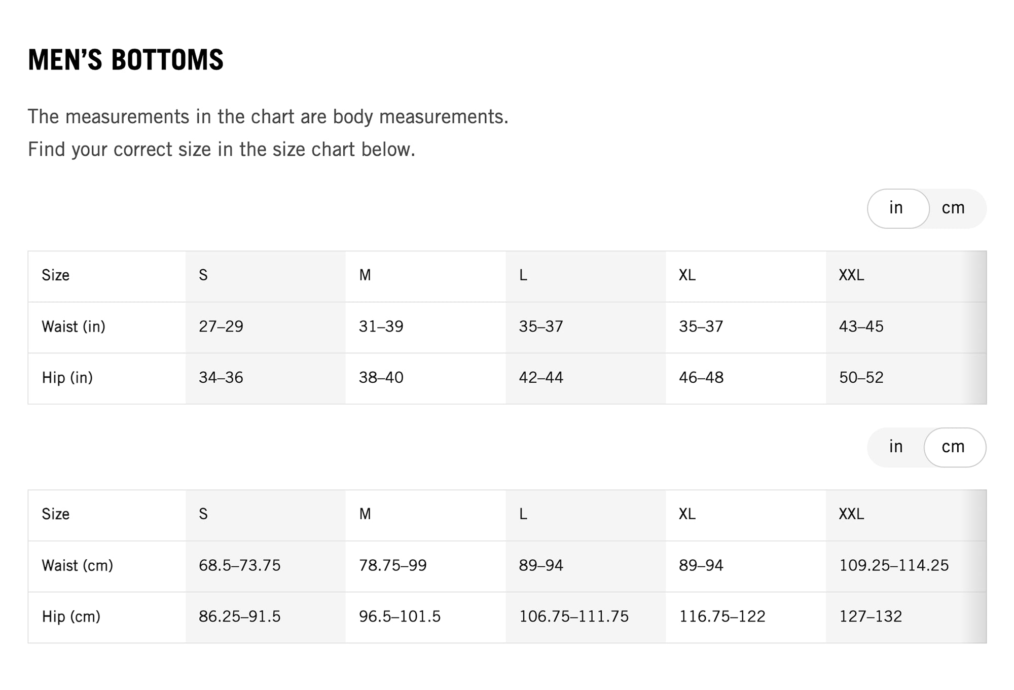 Men's Bottoms Size Chart