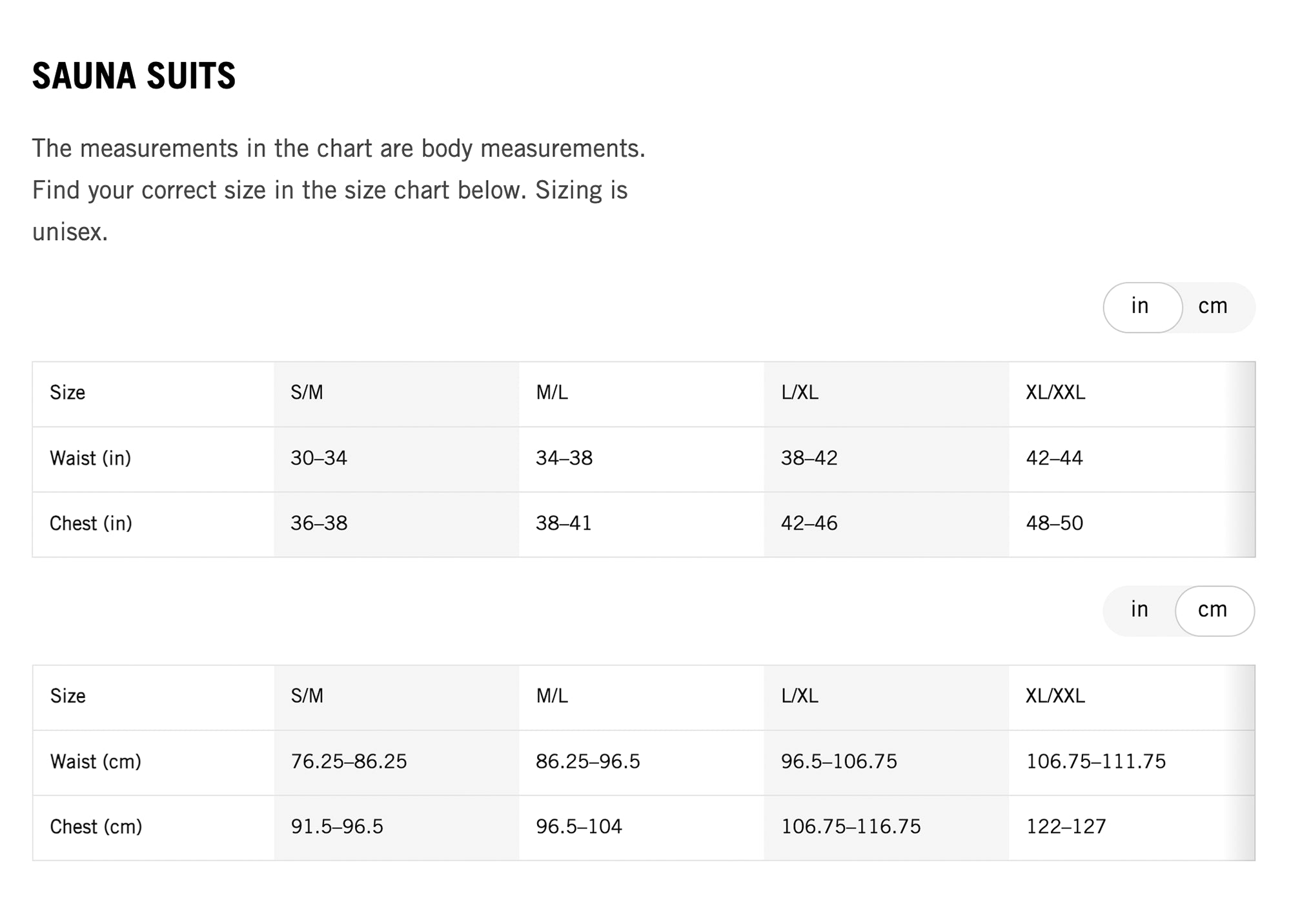 Sauna Suit Size Chart