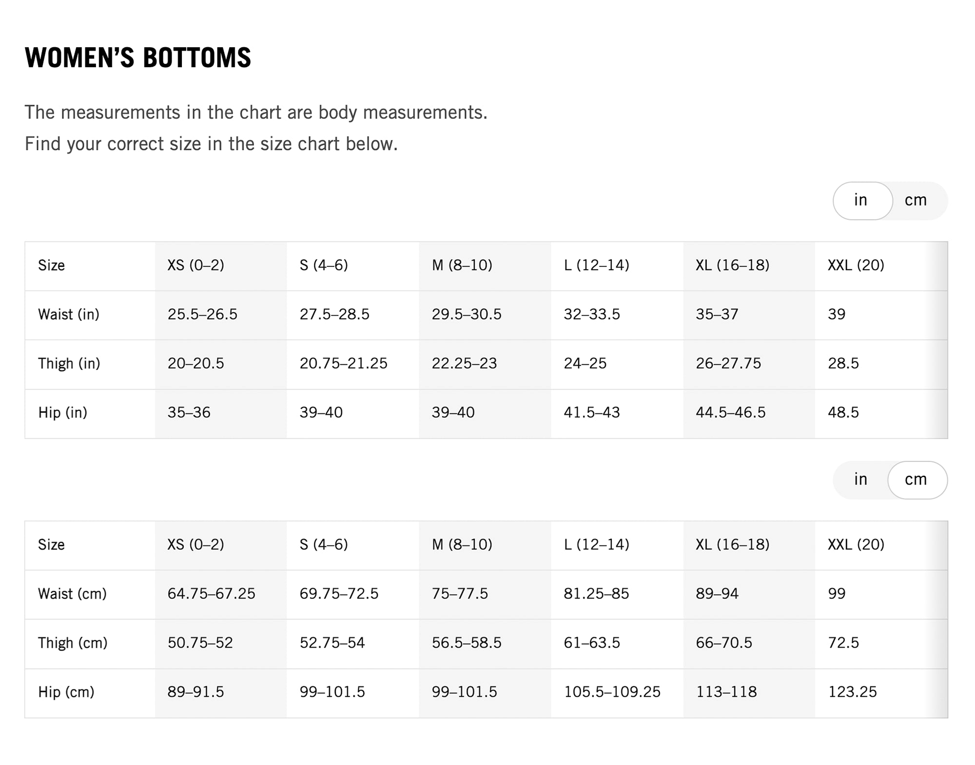 Women's Bottoms Size Chart