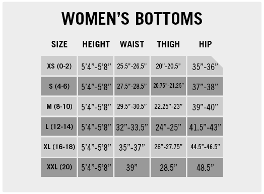 Women's Bottoms Size Chart.