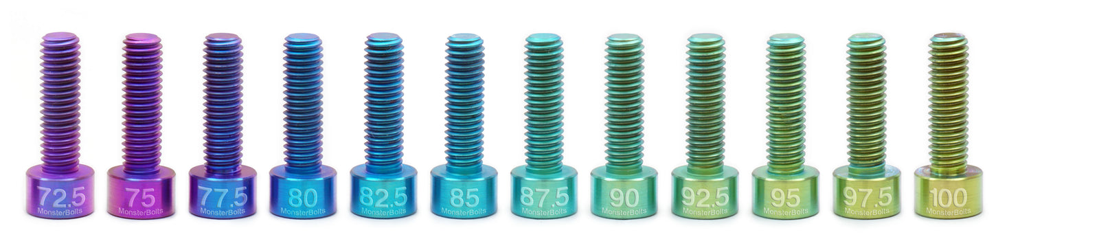 Anodized Titanium voltage color chart.  72.5 to 100 volts range, Purple, blue, teal and green.