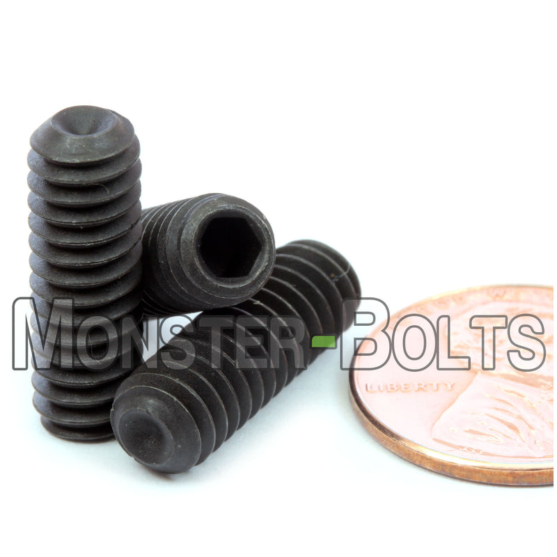 Black 1/4-20 x 3/4" Allen key set screws with cup point.