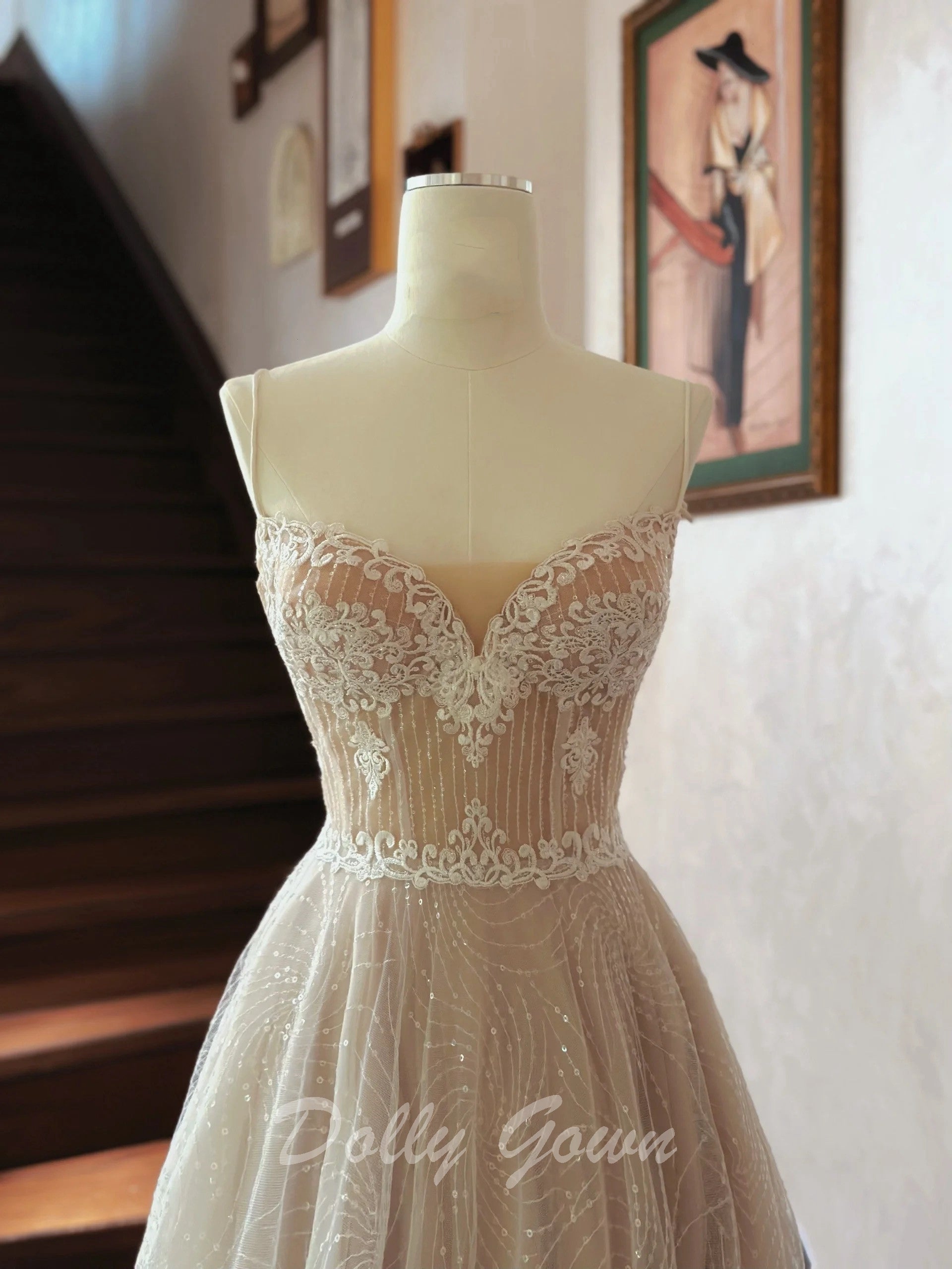 Sweet Floral Lace Strapless A-line Sheer Champagne Wedding Dress